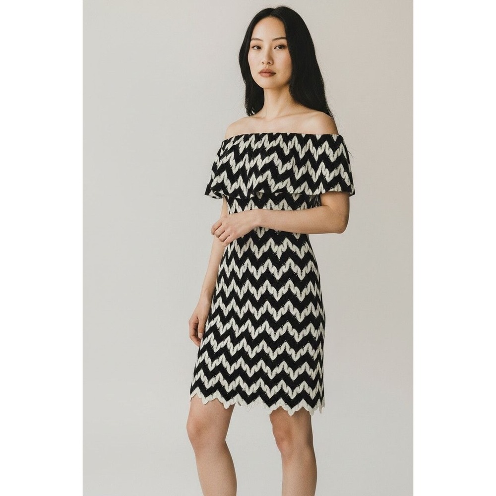Judith March Black White Chevron Off-The-Shoulder Ruffle Mini Dress 430D-5 M
